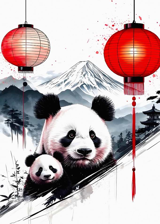 Panda Mother and Cub with Lanterns