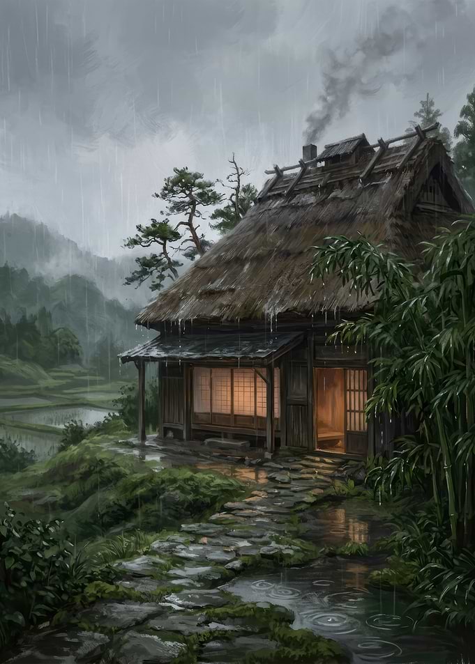 Rainy Traditional Japanese Rural Cottage