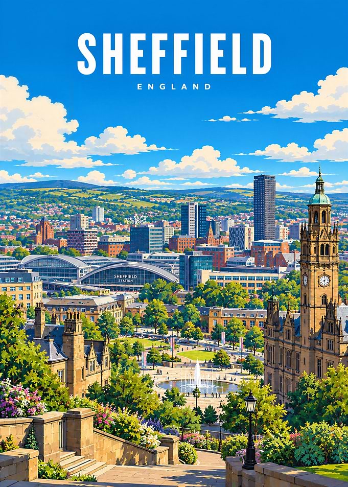 Sheffield England Cityscape Travel Poster
