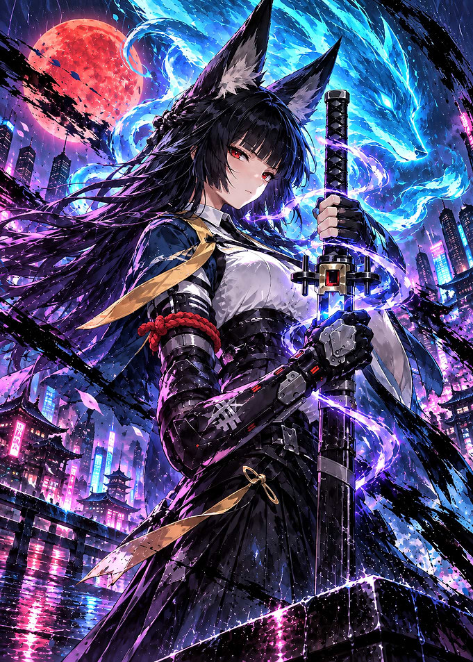 Cyberpunk Fox Girl Samurai Warrior