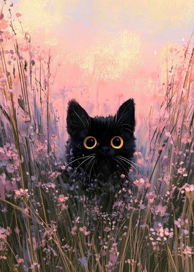 Black Kitten in Pink Flowers