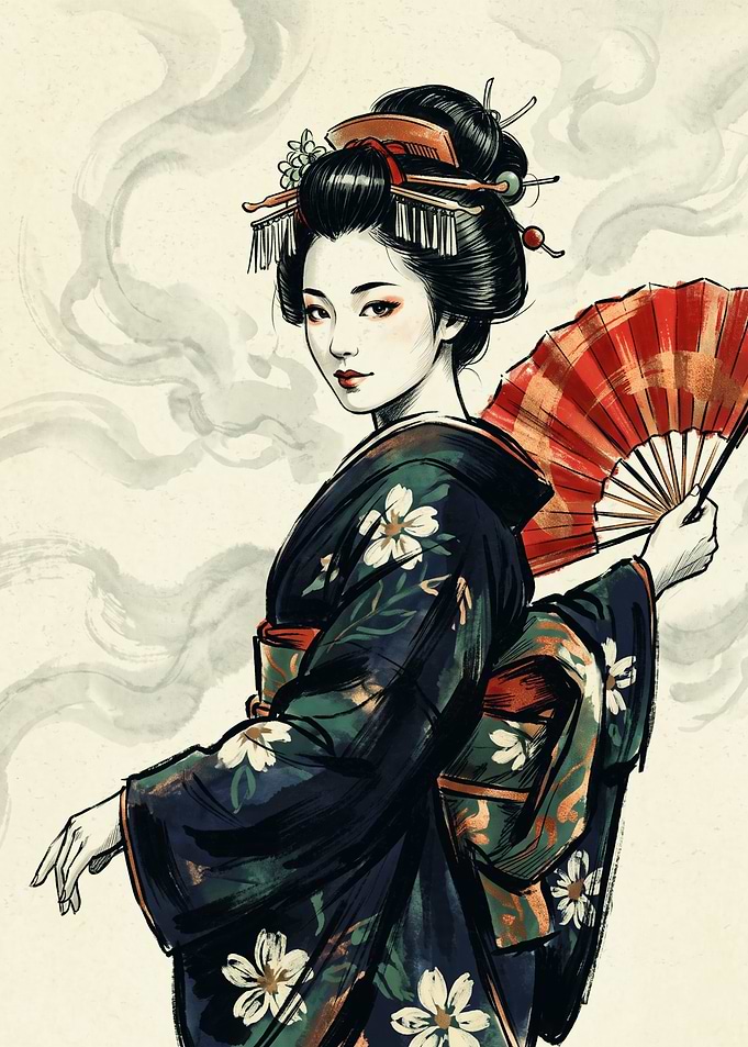 Geisha Kimono Japanese Ink Wash Art Print Red Folding Fan Asian Culture Aesthetic Poster