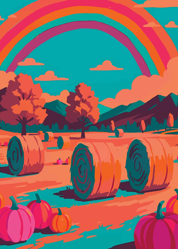 Hay Bales and Pumpkins in a Field