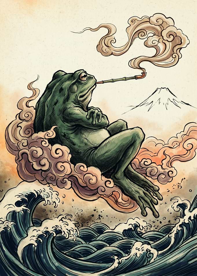 Japanese Smoking Frog Ukiyo E Art Traditional Waves Mount Fuji Aesthetic Poster Print