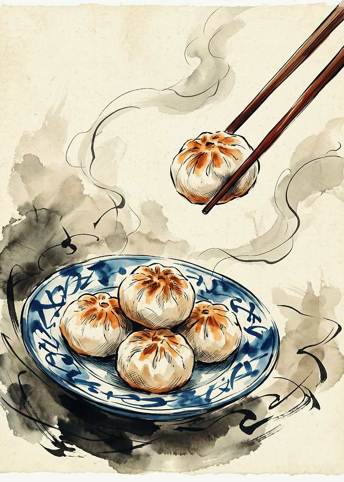 Steamed Dumpling Chinese Food Watercolor Art Chopsticks Plate Kitchen Dining Room Poster