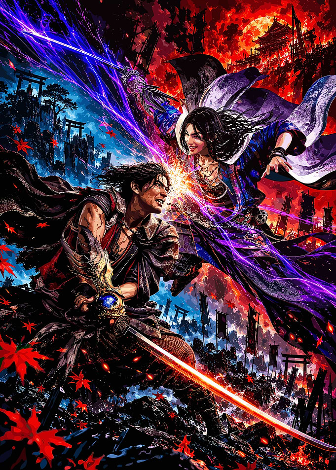 Samurai Warriors Duel in Red and Blue