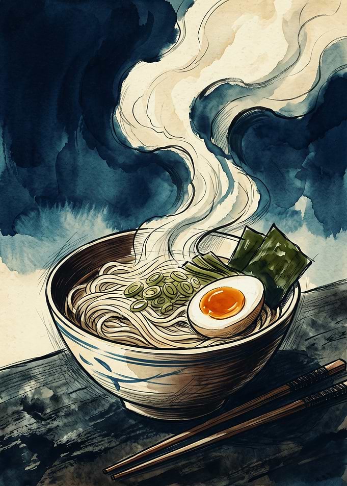 Ramen Bowl Japanese Watercolor Art Steaming Noodles Food Print Kitchen Wall Decor Poster