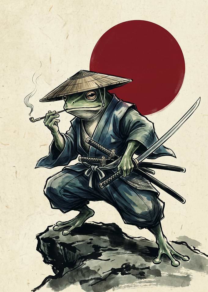 Samurai Frog Japanese Ukiyo E Art Print Red Sun Katana Sword Poster Wall Decor