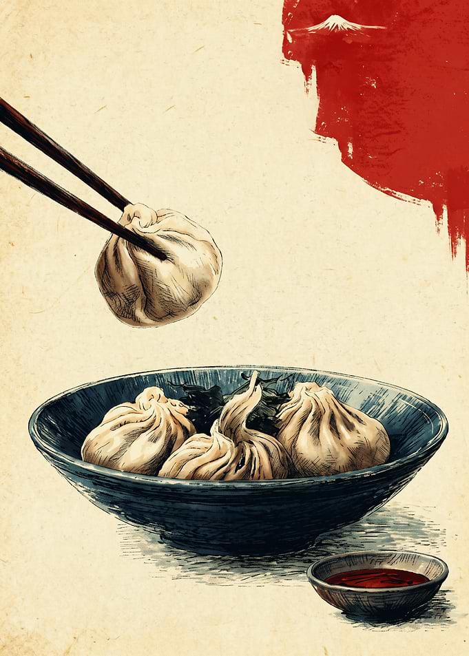 Dumplings Food Japanese Ukiyo E Art Print Chopsticks Mount Fuji Bowl Poster