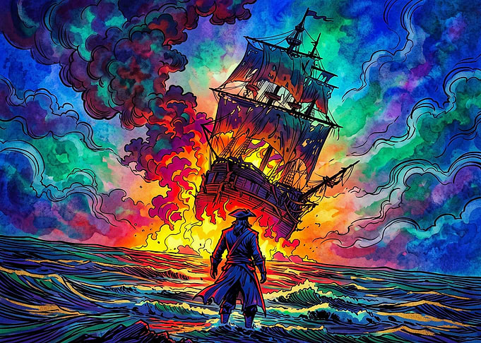 Pirate Captain Watching Burning Ship
