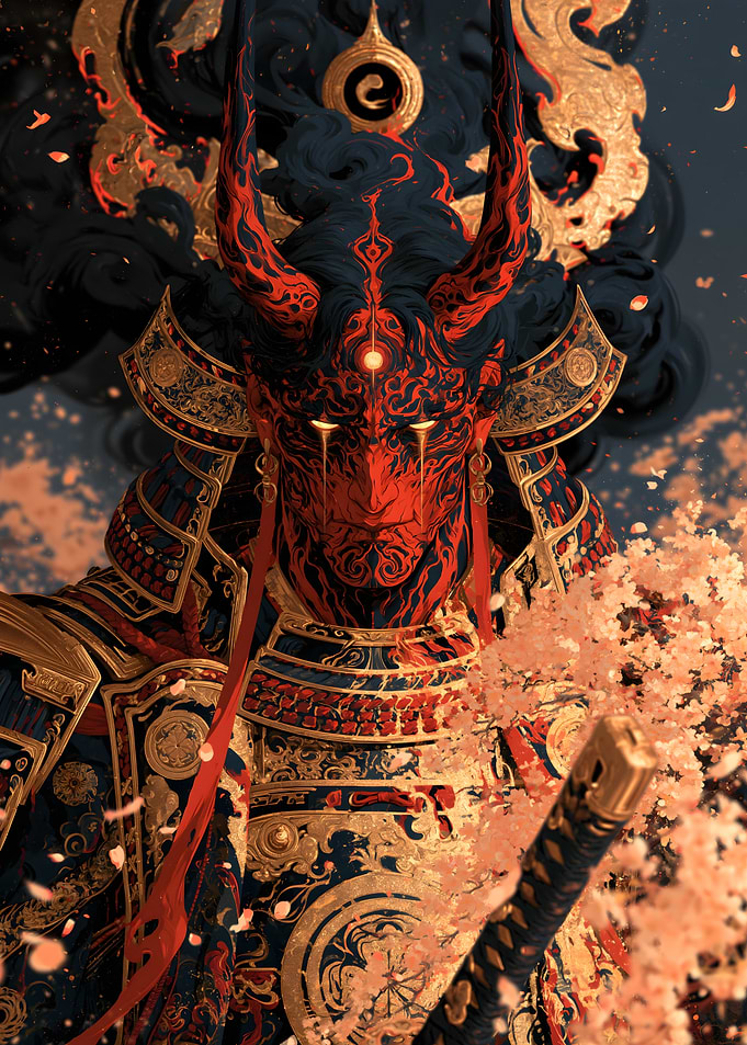 Demonic Oni Samurai Warrior in Cherry Blossoms