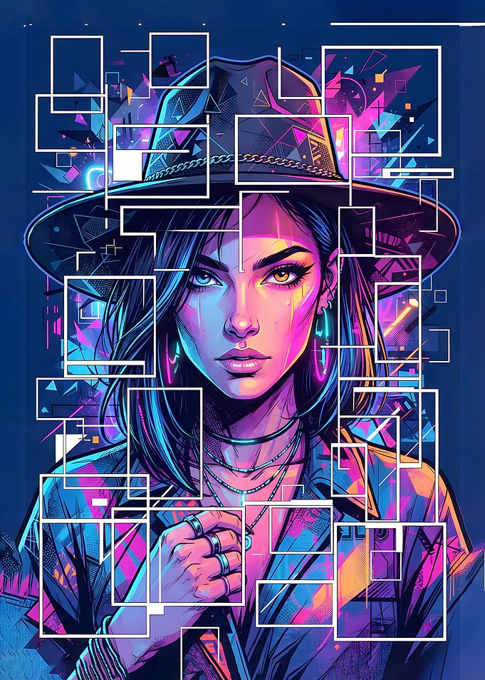 Neon Cyberpunk Woman in Hat