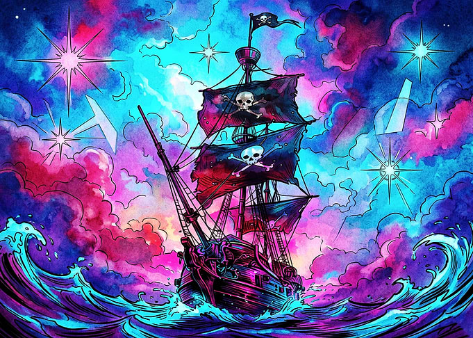 Neon Pirate Ship on Cosmic Sea