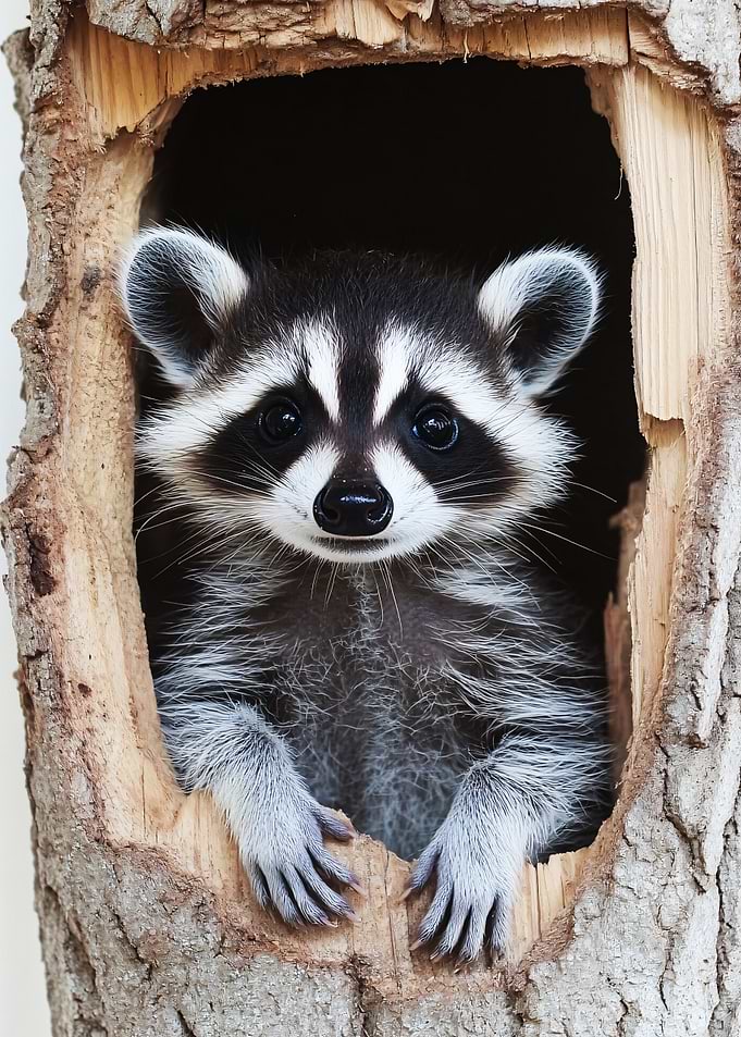 Cute Raccoon Peeking from Tree Hollow