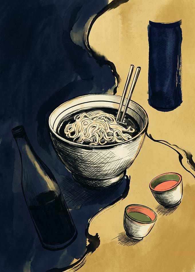 Ramen Bowl Japanese Food Ink Wash Painting Art Print Dining Room Aesthetic Poster