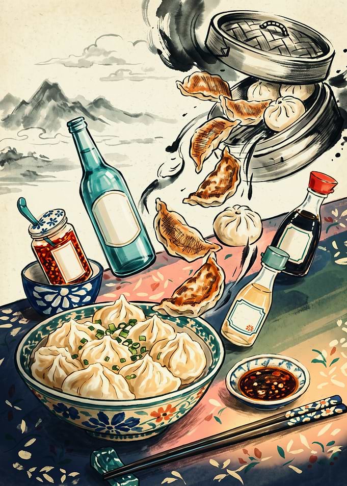 Dumpling Food Asian Culinary Traditional Watercolor Art Steamed Buns Print Poster