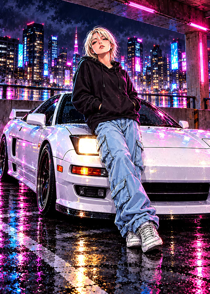 Anime Girl Leaning on Sports Car