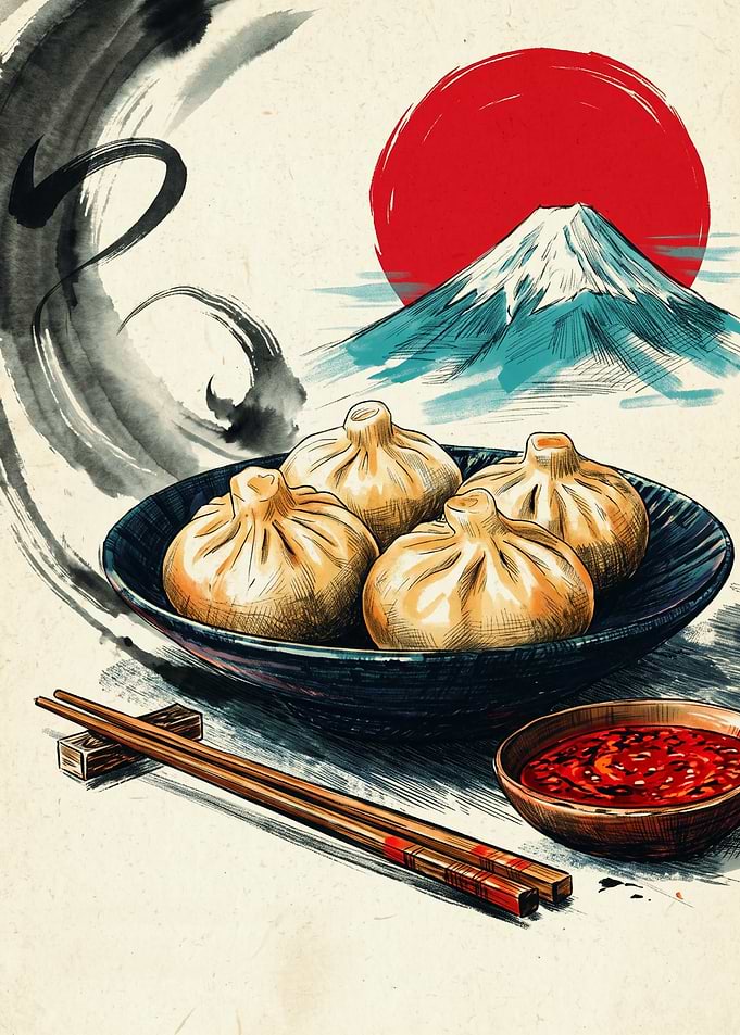 Dumplings Japanese Food Traditional Ink Art Mount Fuji Red Sun Ramen Noodles Poster