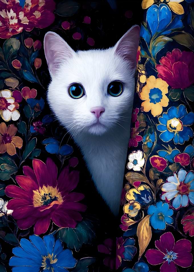 White Cat Peeking Through Floral Pattern