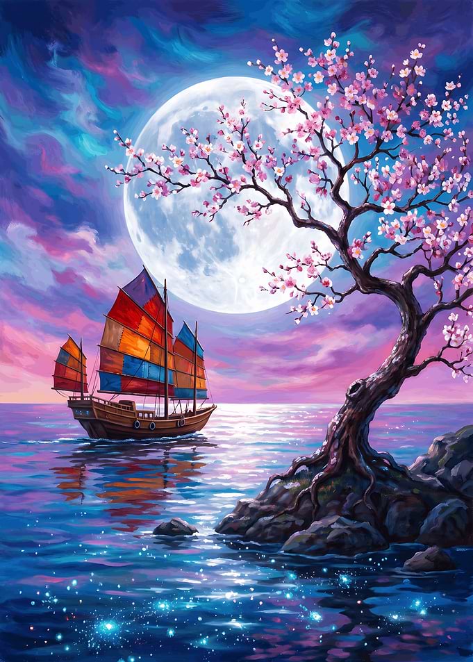 Moonlit Junk Boat and Cherry Blossom
