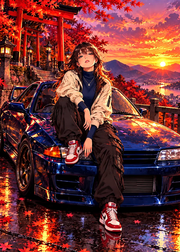 Anime Girl Sitting on Blue Skyline