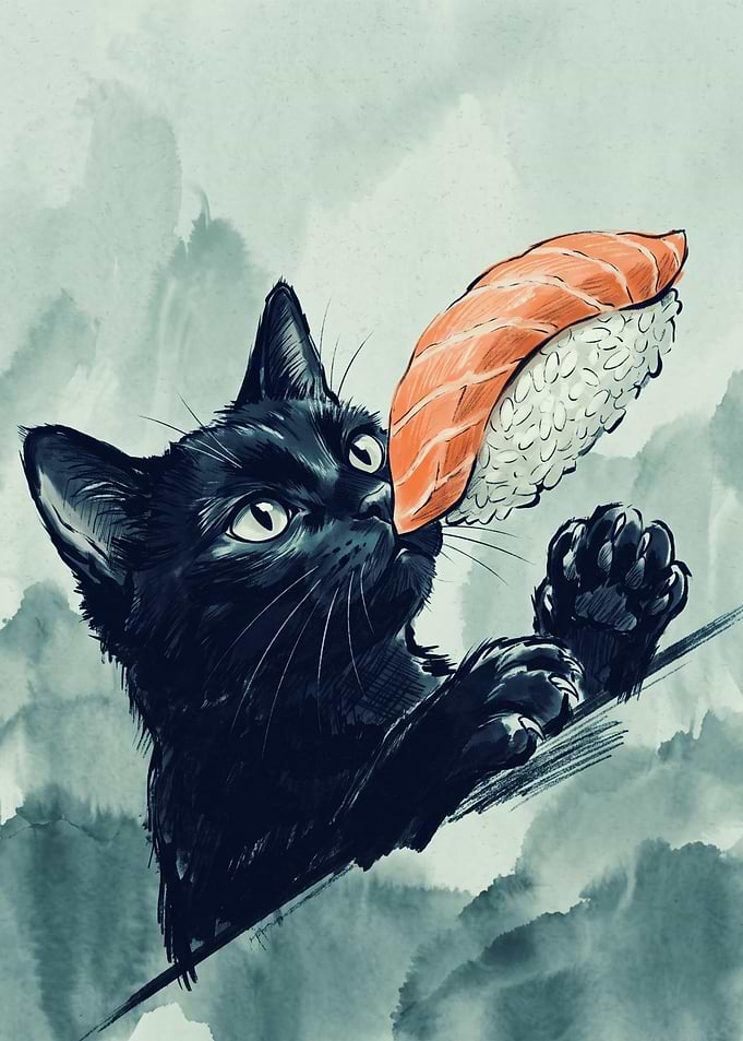 Black Cat Sushi Japanese Watercolor Art Cute Kitty Salmon Nigiri Foodie Poster