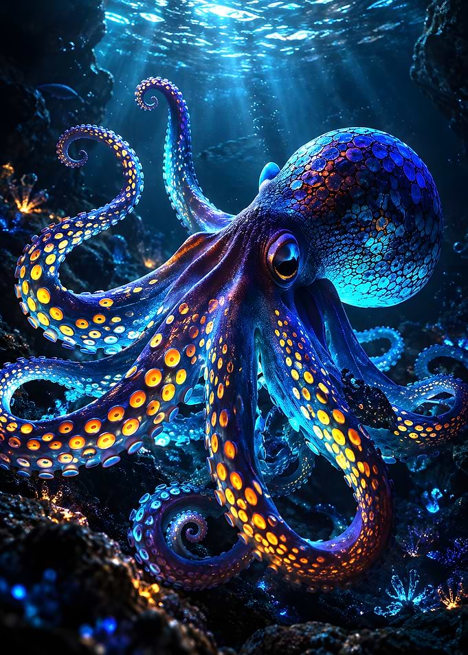 Bioluminescent Octopus in Deep Ocean