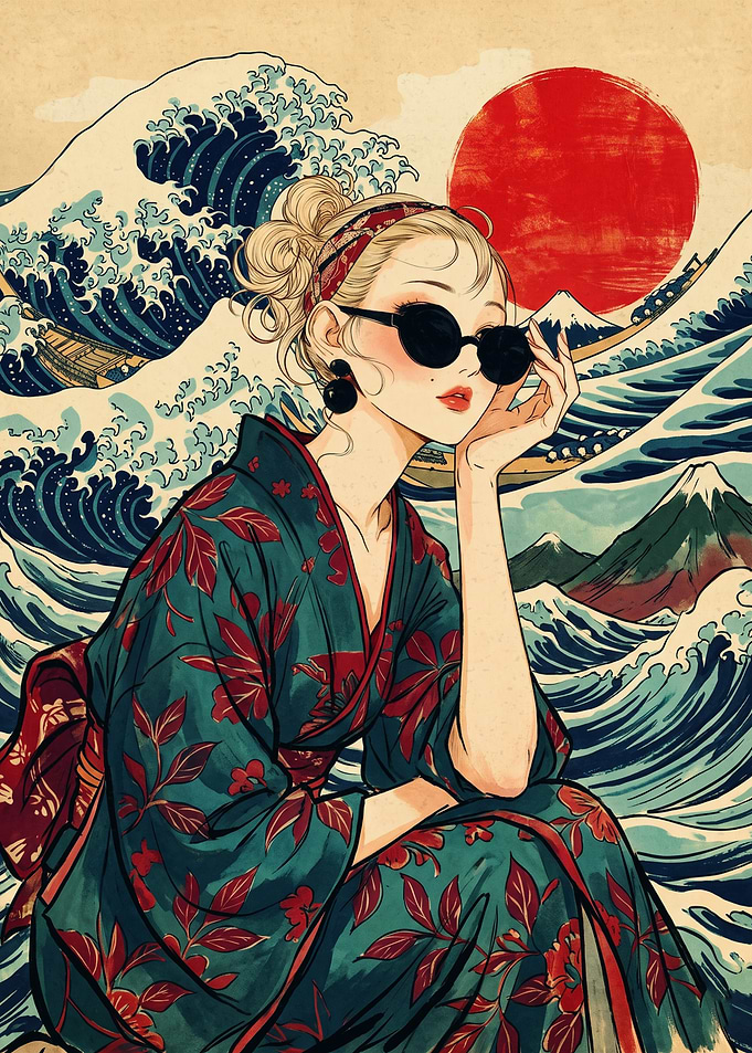 Anime Girl Kimono Vintage Ukiyo E Art Great Wave Red Sun Mount Fuji Poster Decor
