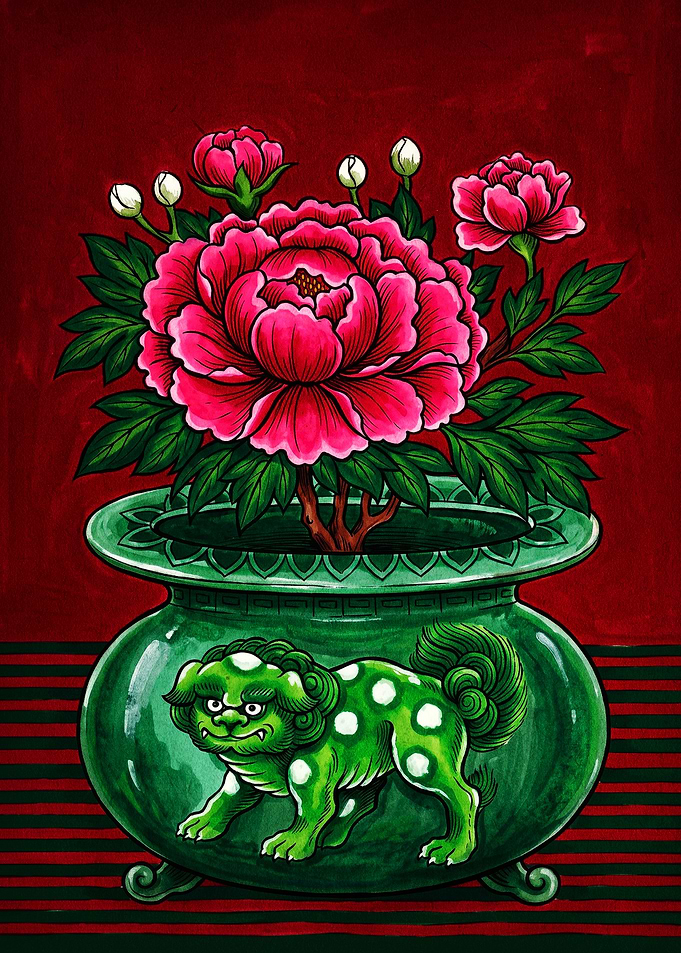 Peonies in Green Lion Pot
