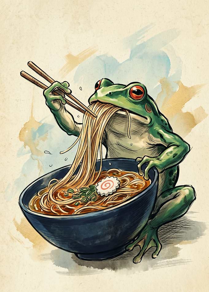 Frog Eating Ramen Japanese Watercolor Art Cute Animal Noodle Bowl Foodie Poster