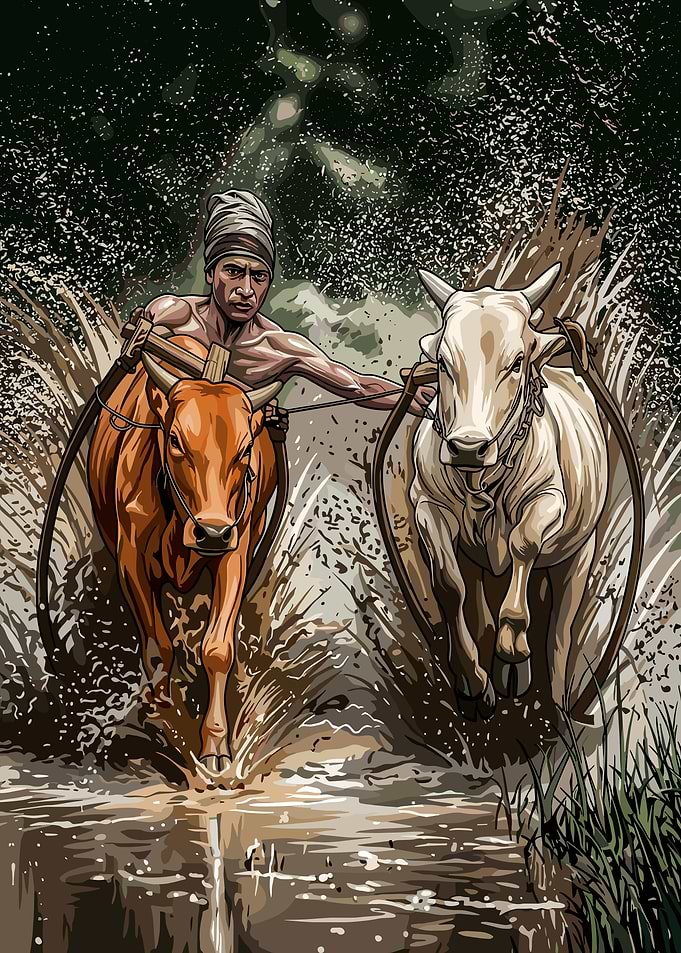 Traditional Bull Race Action Illustration