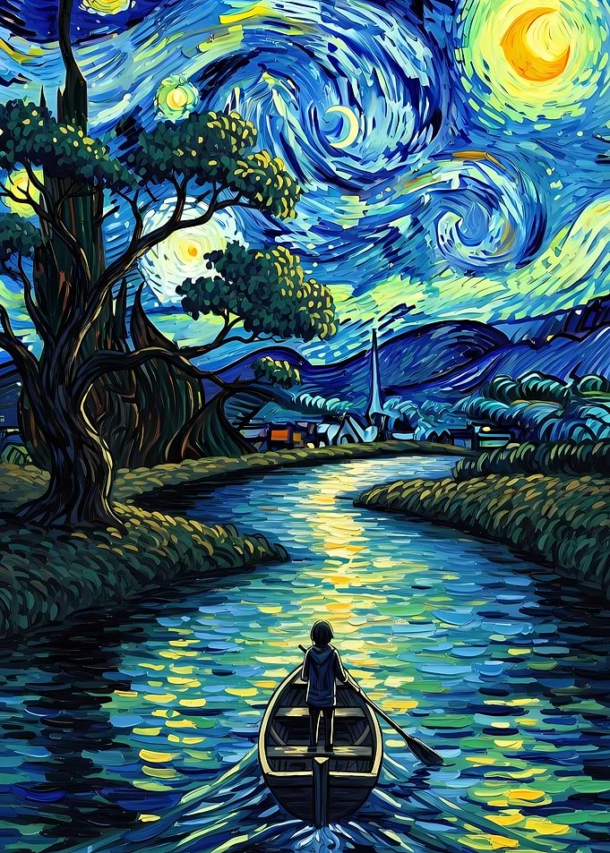 Person Rowing Boat Under Starry Night