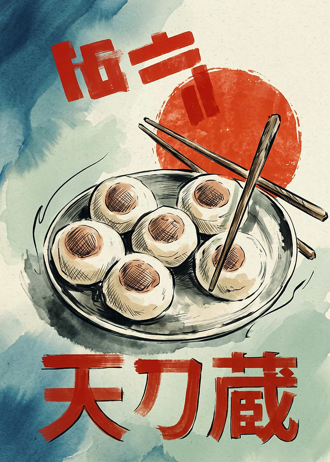 Japanese Food Dumplings Watercolor Art Red Sun Asian Cuisine Poster Kitchen Decor Print
