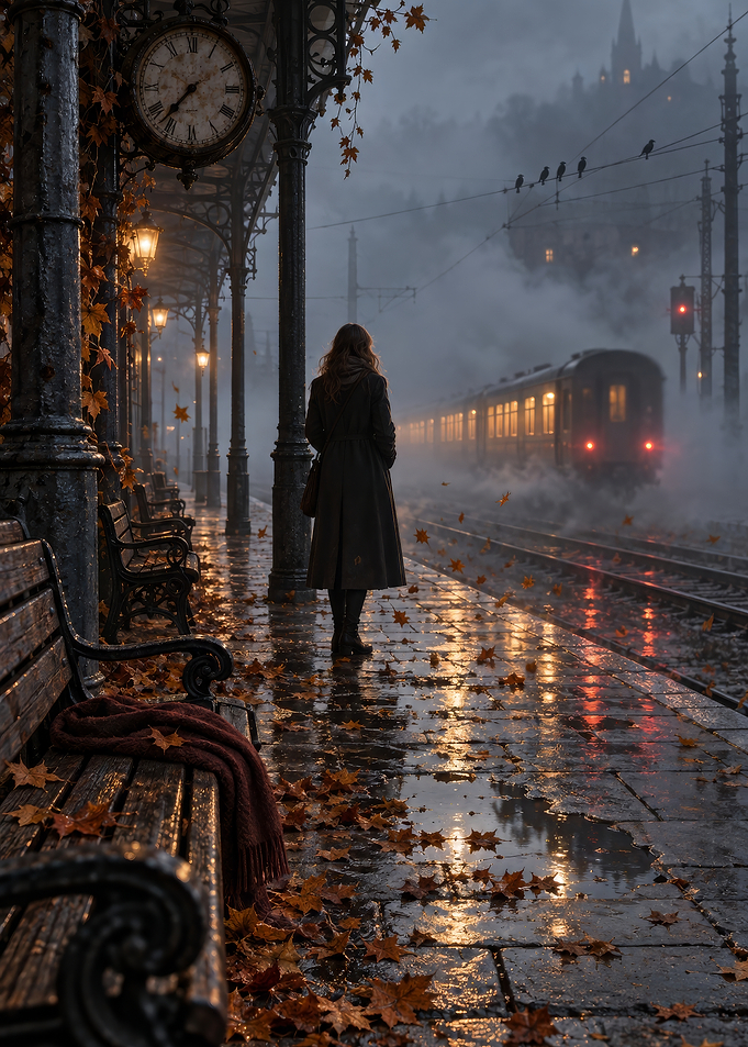 Woman Waiting at Misty Train Station