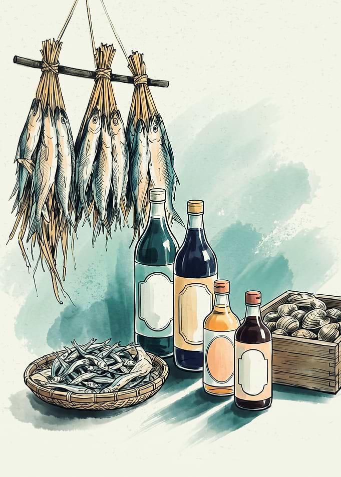 Dried Fish Bottled Sauce Japanese Watercolor Art Kitchen Food Market Scene Poster