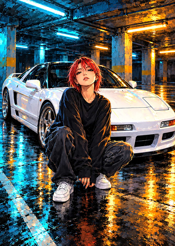 Anime Girl with White Sports Car