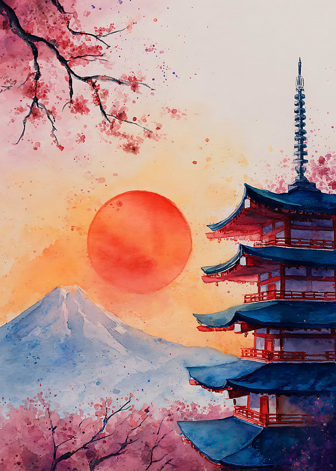 Watercolor Pagoda and Mount Fuji