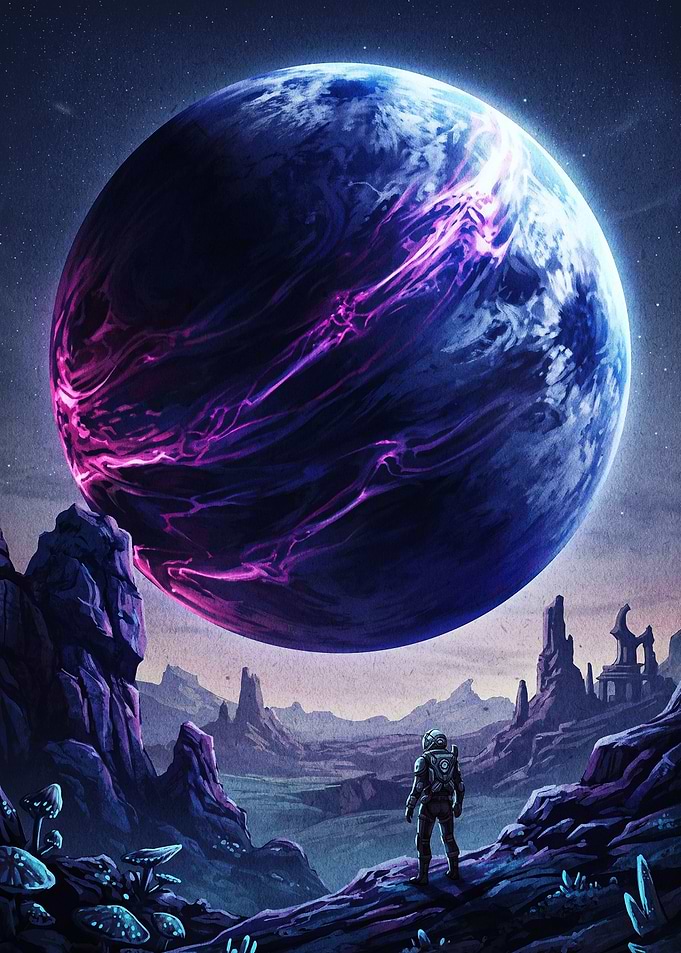 Astronaut Observing a Glowing Alien Planet