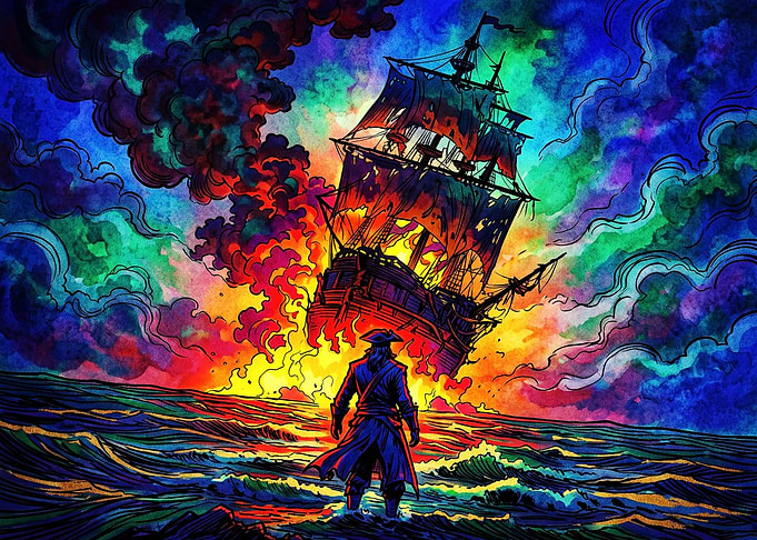 Pirate Watching Burning Ship at Sea