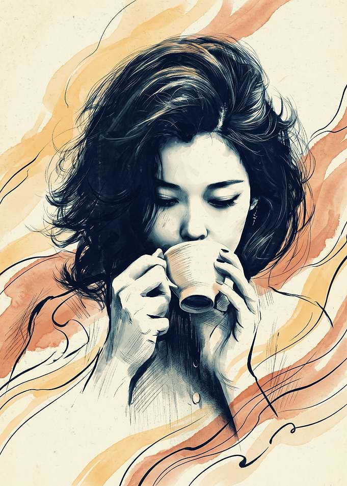 Woman Drinking Coffee Pencil Sketch Art Print Warm Aesthetic Coffee Lover Wall Poster
