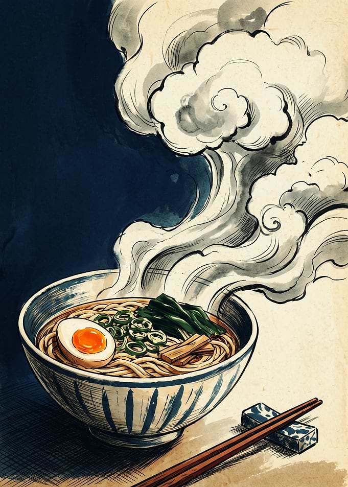 Ramen Bowl Japanese Ukiyo E Art Steaming Noodles Food Print Kitchen Wall Decor Poster