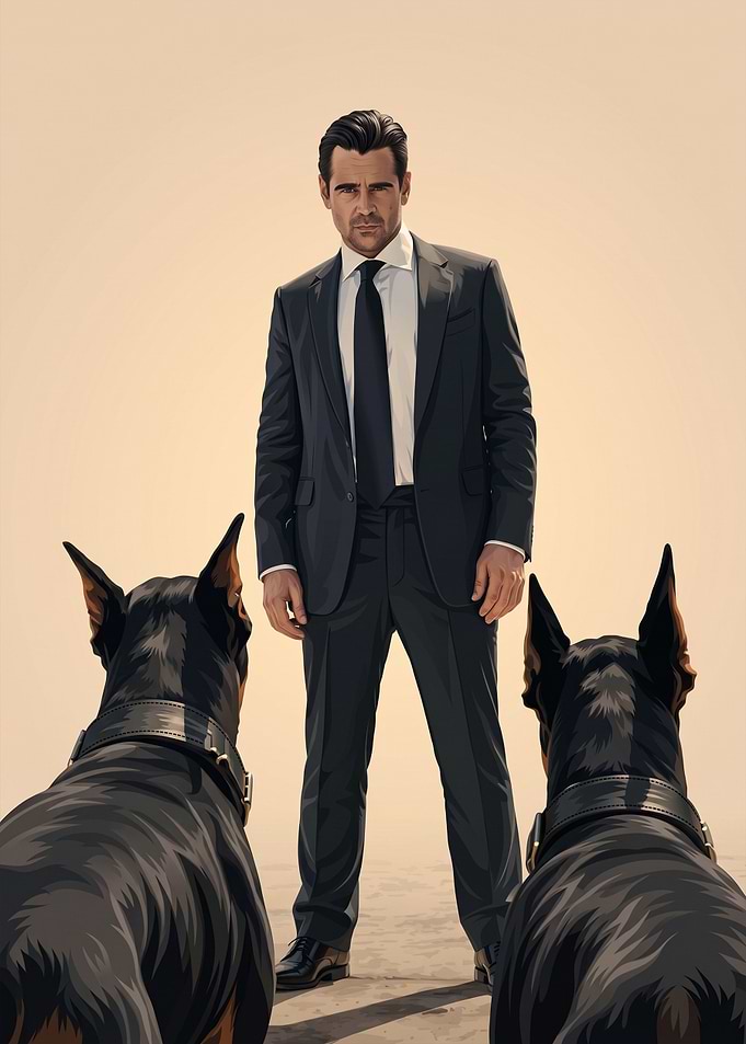 Colin Farrell with Dobermans