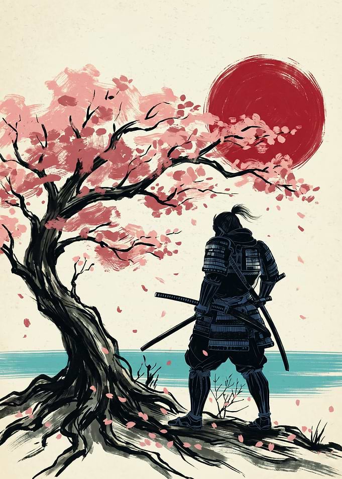 Samurai Warrior Japanese Art Print Cherry Blossom Red Sun Ukiyo E Aesthetic Poster