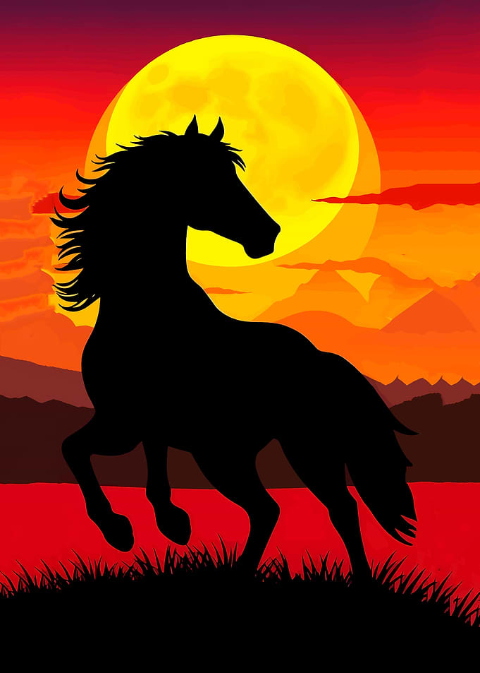 Horse Silhouette Against Sunset Moon