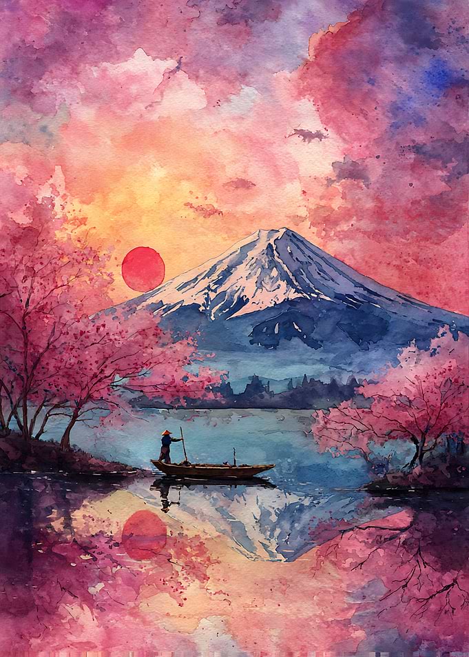 Mount Fuji Sunset with Cherry Blossoms