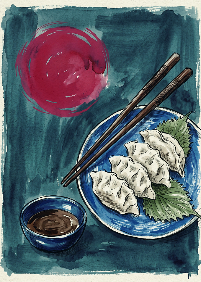 Gyoza Dumplings Japanese Food Watercolor Art Blue Plate Chopsticks Red Sun Kitchen Poster
