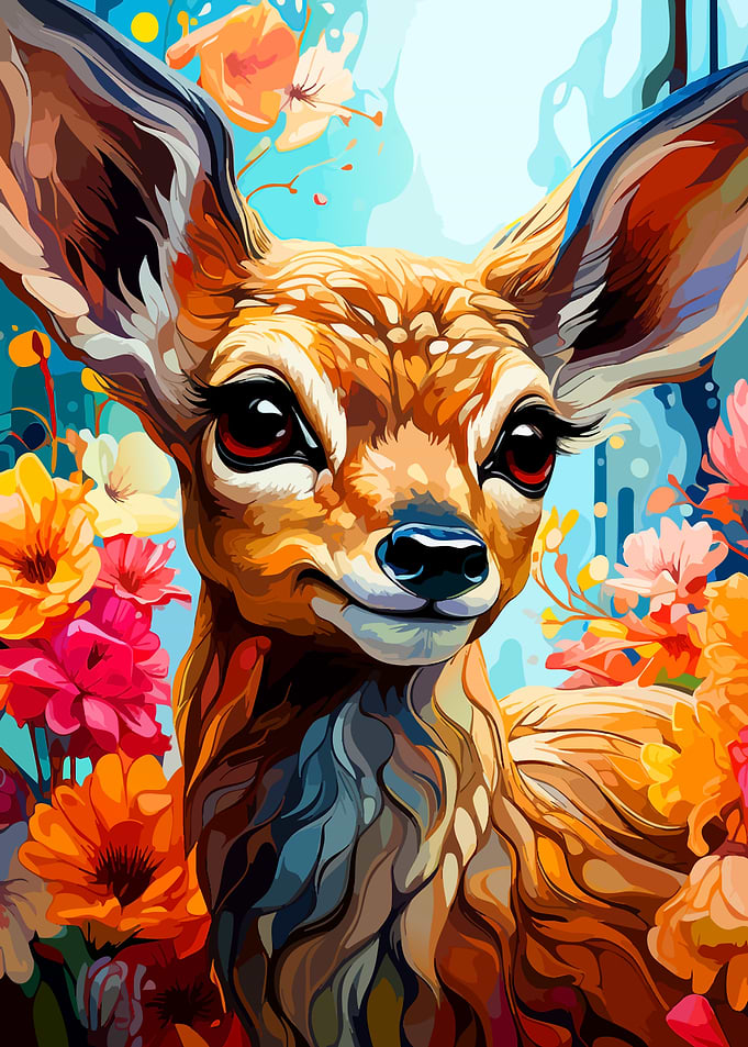Vibrant Fawn Surrounded by Colorful Flowers