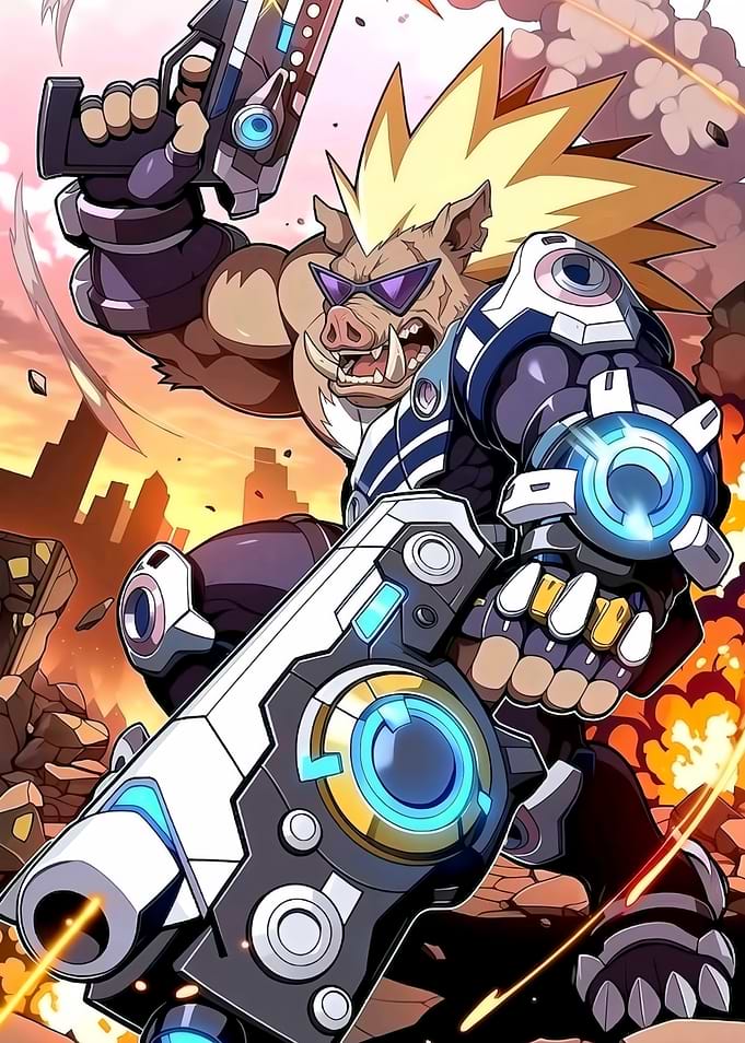 Armored Boar Warrior with Futuristic Guns