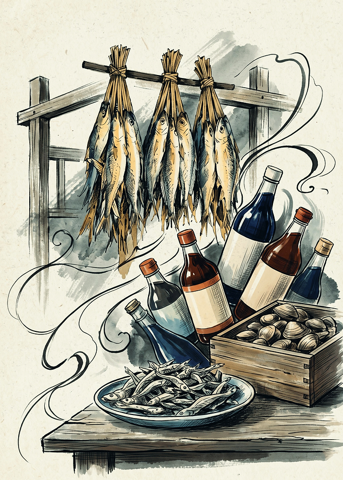 Dried Fish And Bottles Japanese Ink Art Traditional Food Market Kitchen Wall Decor Poster