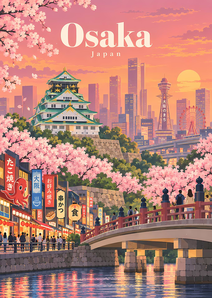 Osaka Japan Cherry Blossom Travel Poster